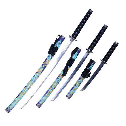 3Pc Japanese Samurai Katana Sword Set Blue Dragon Design Ninja Style with Display Stand