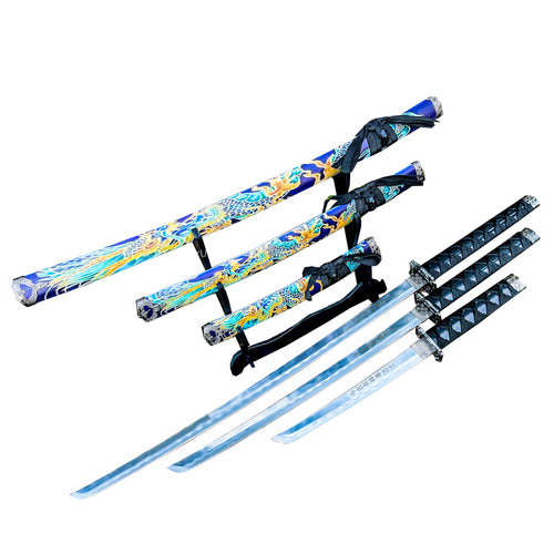 3Pc Japanese Samurai Katana Sword Set Blue Dragon Design Ninja Style with Display Stand