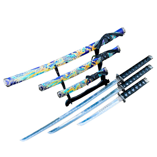 3Pc Japanese Samurai Katana Sword Set Blue Dragon Design Ninja Style with Display Stand