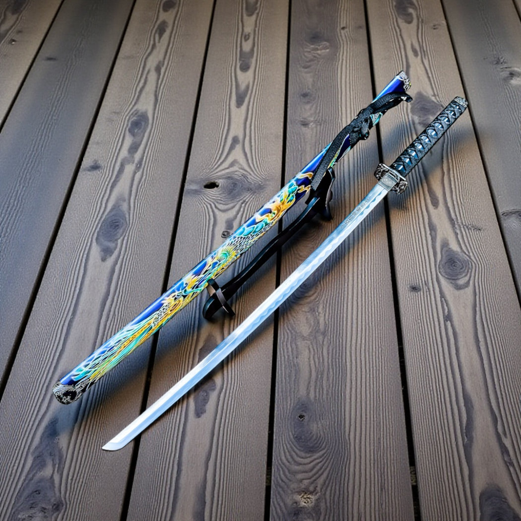 40" Blue Dragon Design Japanese Samurai Katana Sword With Display Stand