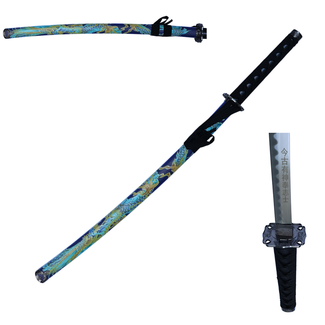 40" Blue Dragon Design Japanese Samurai Katana Sword With Display Stand