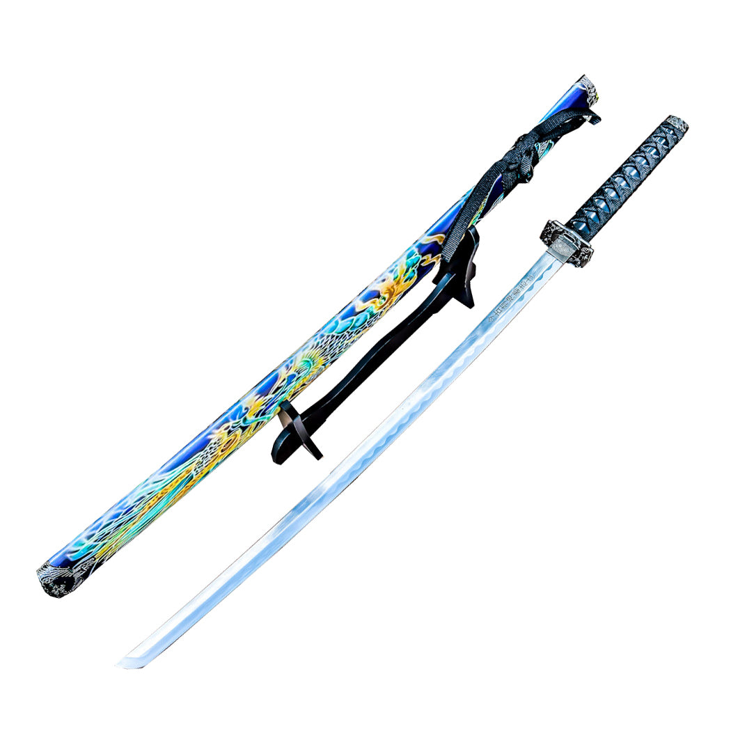 40" Blue Dragon Design Japanese Samurai Katana Sword With Display Stand