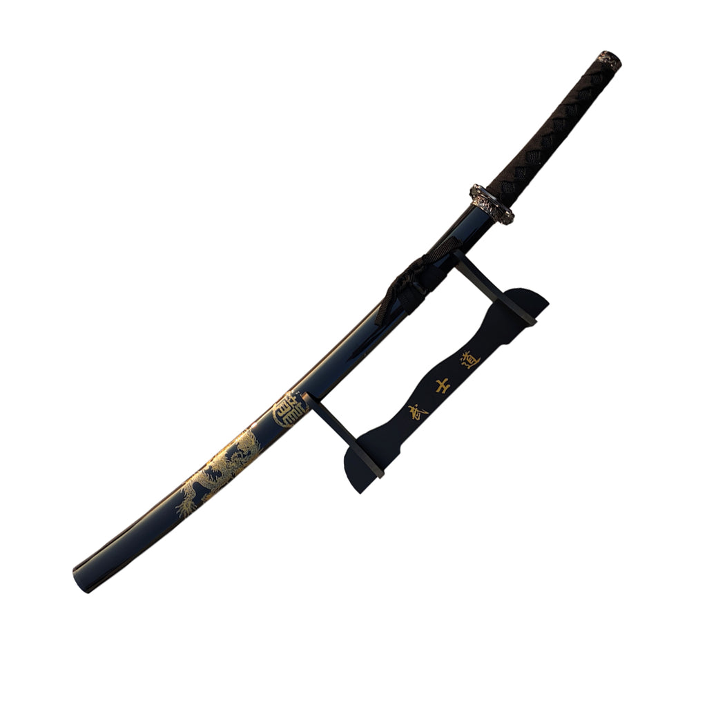 40" Black Katana & Gold Dragon Japanese Samurai Sword with Display Stand