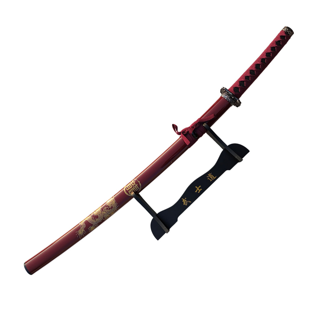 40" Red Katana & Gold Dragon Japanese Samurai Sword with Display Stand