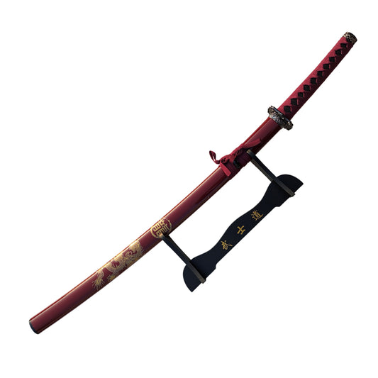 40" Red Katana & Gold Dragon Japanese Samurai Sword with Display Stand