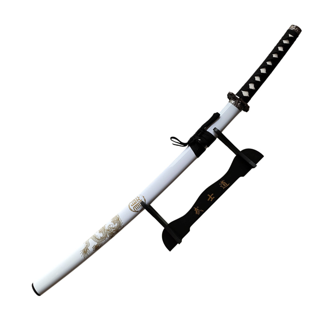 40" White Katana & Gold Dragon Japanese Samurai Sword with Display Stand