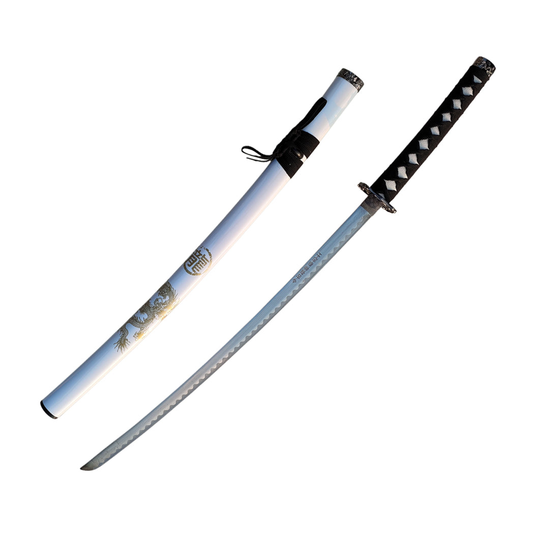 40" White Katana & Gold Dragon Japanese Samurai Sword with Display Stand