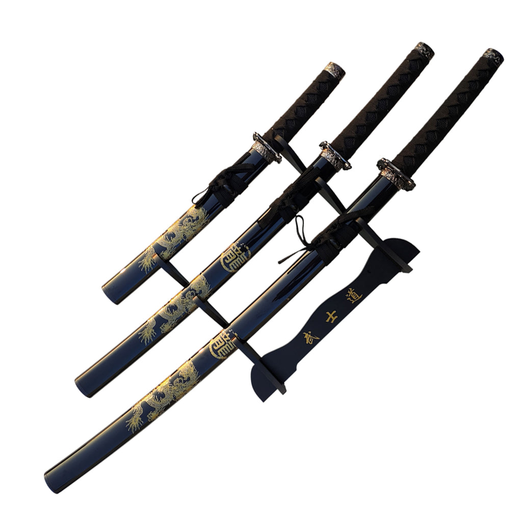 3Pc Black Katana & Gold Dragon Design Japanese Samurai Sword Set Ninja Style with Display Stand