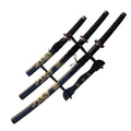 3Pc Black Katana & Gold Dragon Design Japanese Samurai Sword Set Ninja Style with Display Stand