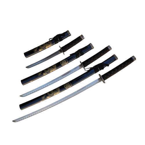 3Pc Black Katana & Gold Dragon Design Japanese Samurai Sword Set Ninja Style with Display Stand