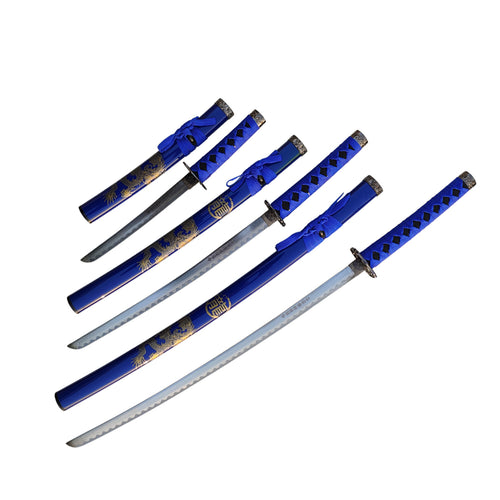 3Pc Blue Katana & Gold Dragon Design Japanese Samurai Sword Set Ninja Style with Display Stand