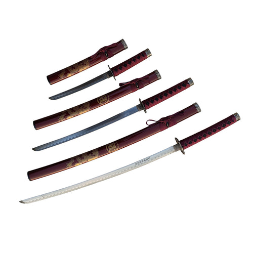 3Pc Red Katana & Gold Dragon Design Japanese Samurai Sword Set Ninja Style with Display Stand