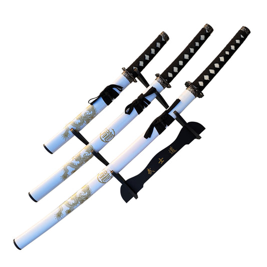 3Pc White Katana & Gold Dragon Design Japanese Samurai Sword Set Ninja Style with Display Stand