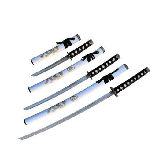 3Pc White Katana & Gold Dragon Design Japanese Samurai Sword Set Ninja Style with Display Stand