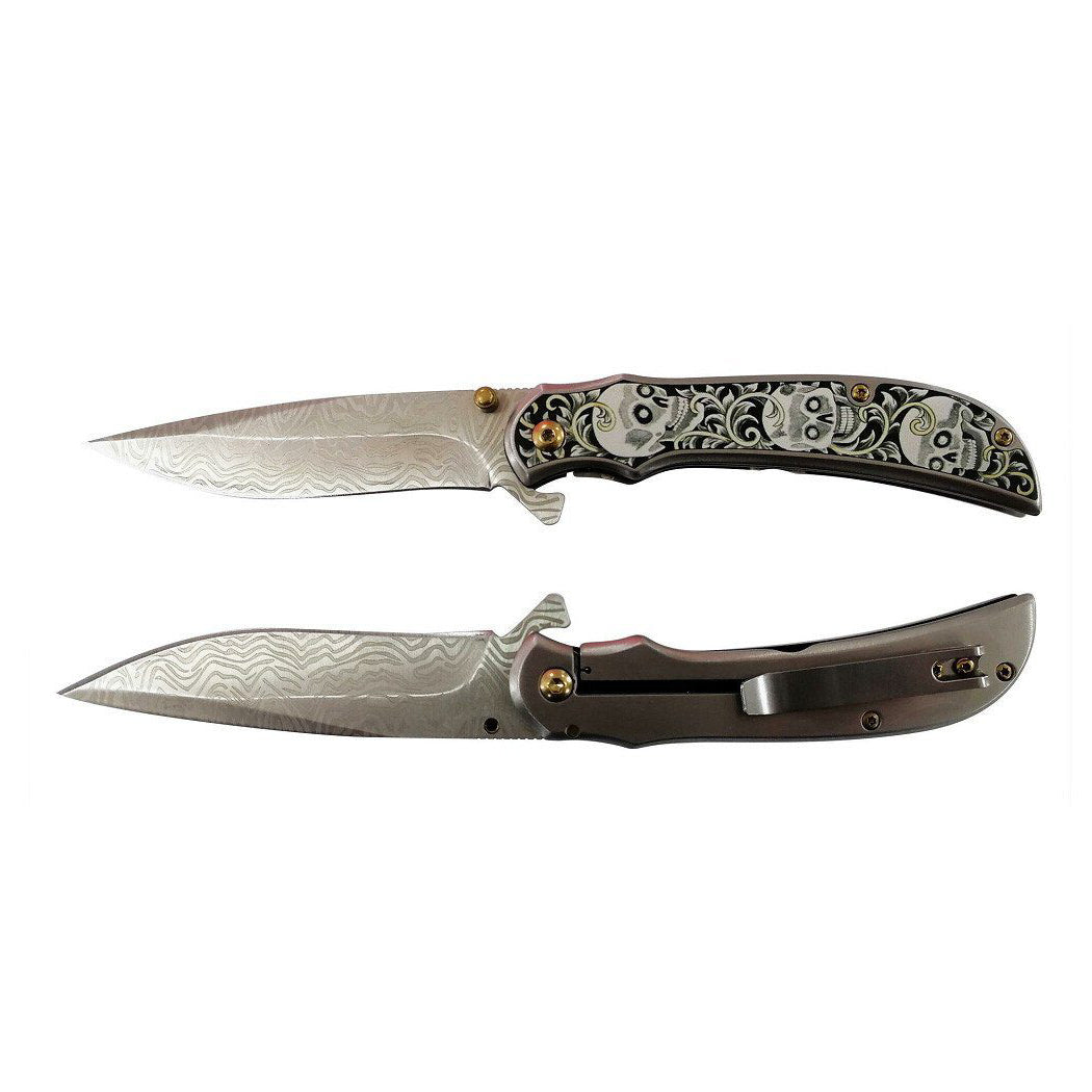 8.25" Stainless Steel Blade Spring Assisted Folding Knife w/ Gunmetal Skull Design Handle