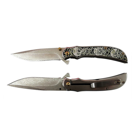 8.25" Stainless Steel Blade Spring Assisted Folding Knife w/ Gunmetal Skull Design Handle