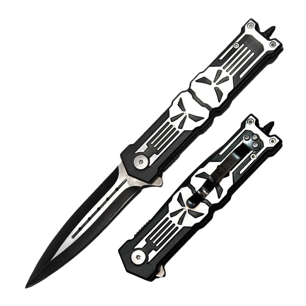 8.5" Silver Metal Skull Handle Two Tone Blade Spring Assisted Folding Knife w/ Glass Breaker