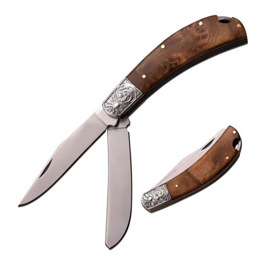 7" Slip Joint Dual Blade Folding Knife w/ Steel Bolster & Wood Handle