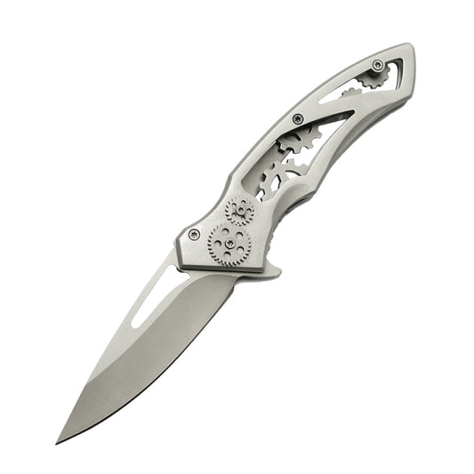 7.75" Steampunk Style Stainless Steel Tactical Silver Folding Pocket Knife With Clip