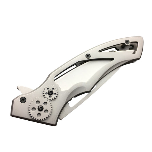 7.75" Steampunk Style Stainless Steel Tactical Silver Folding Pocket Knife With Clip