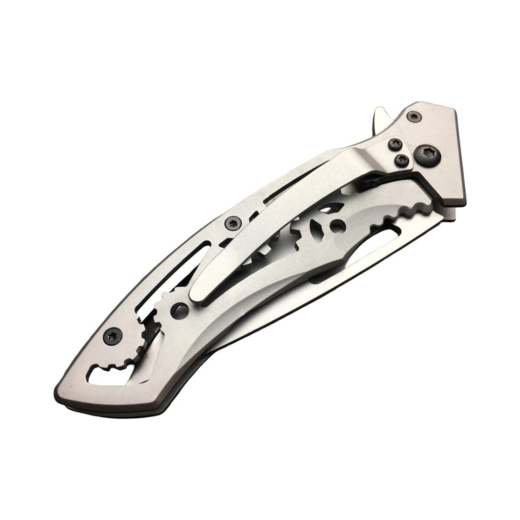 7.75" Steampunk Style Stainless Steel Tactical Silver Folding Pocket Knife With Clip