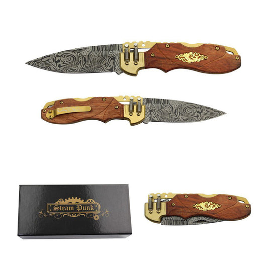 8" Steampunk Style Damascus Pattern Blade Spine Lock Folding Knife w/ Giftbox