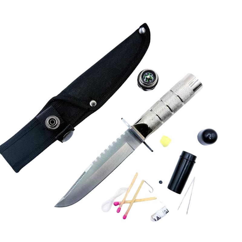 8.5" Silver Color Fixed Blade Survival Knife W/ Survival Kit & Compass