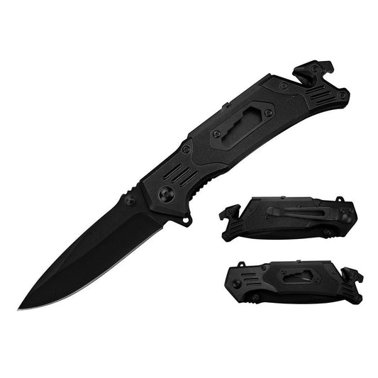 8" All Black Drop Point Blade Spring Assisted Folding Knife W/ Belt Cutter & Clip