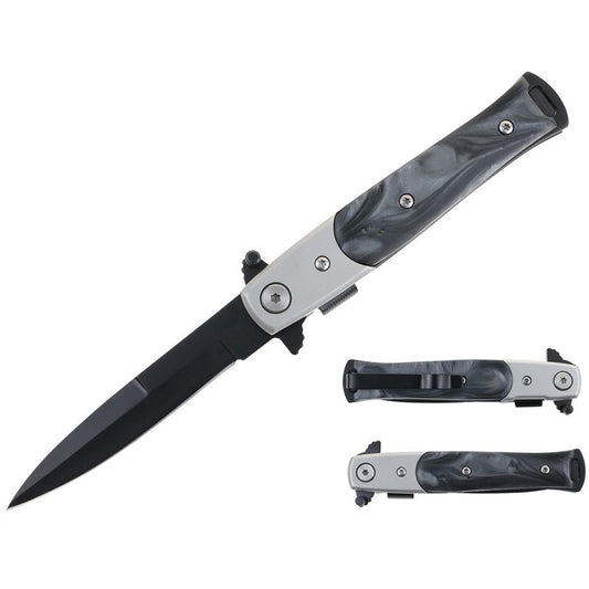 7.25" Stiletto Style Black Blade Spring Assisted Folding Knife With Black Wood Inlay Handle