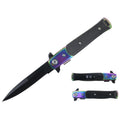 7.25" Stiletto Style Black Blade Rainbow Bolster Spring Assisted Folding Knife With Black G10 Inlay Handle