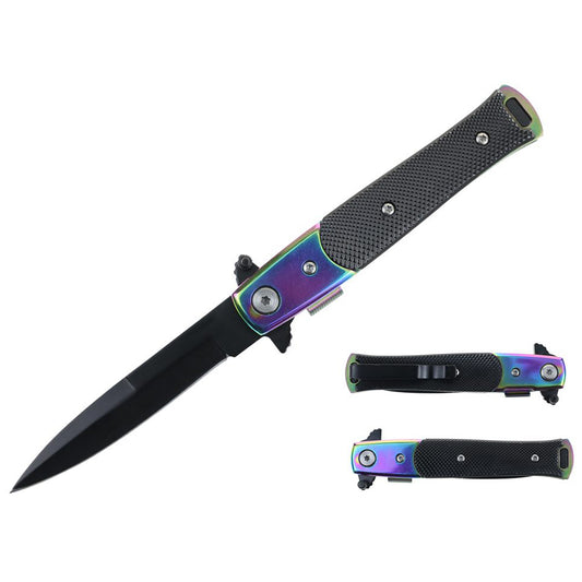 7.25" Stiletto Style Black Blade Rainbow Bolster Spring Assisted Folding Knife With Black G10 Inlay Handle