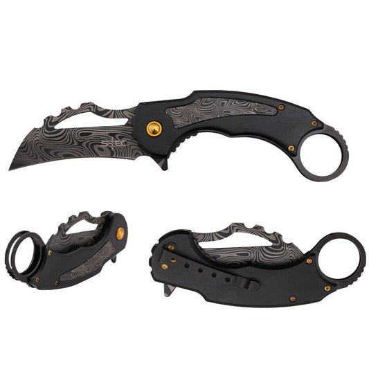 8.5" Black Aluminum Handle Damascus Pattern Blade Karambit Spring Assisted Folding Knife 