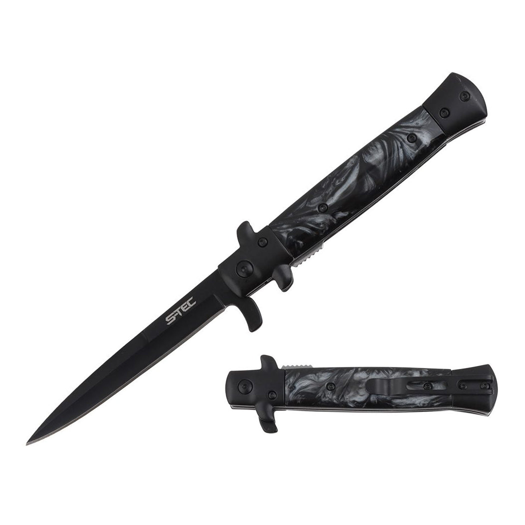 9" Stiletto Style Black Blade Spring Assisted Folding Knife With Grey Black Inlay Handle