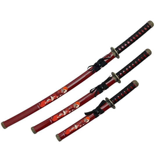 39" Red Dragon Print Design Corbon Steel Blades Samurai Sword 3Pcs Set With Stand 