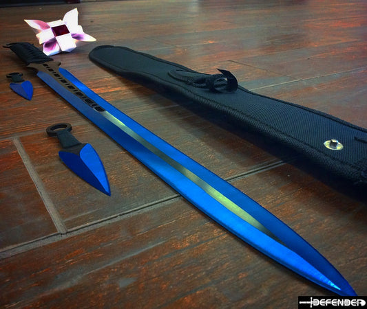 27'' Ninja Sword Machetes Full Tang 2 Tone Blade With 2 Throwing Knives 7" Blue