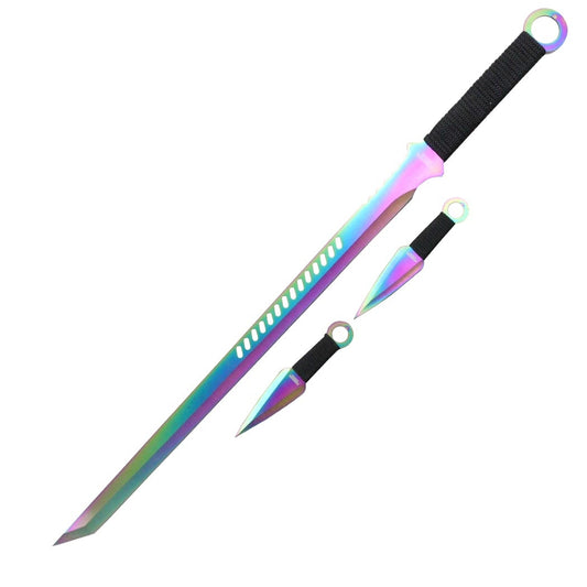 27'' Ninja Sword Tanto Full Tang 2 Tone Blade With 2 Throwing Knives Rainbow