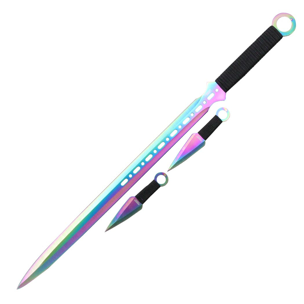 27'' Ninja Sword Machete Full Tang 2 Tone Blade With 2 5" Throwing Knives Rainbow