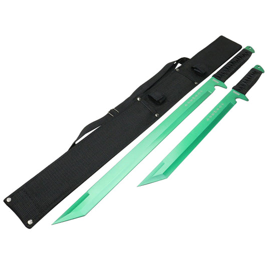 2PC SET 26'' & 18" Ninja Samurai Katana Swords Machete Full Tang Blade Green