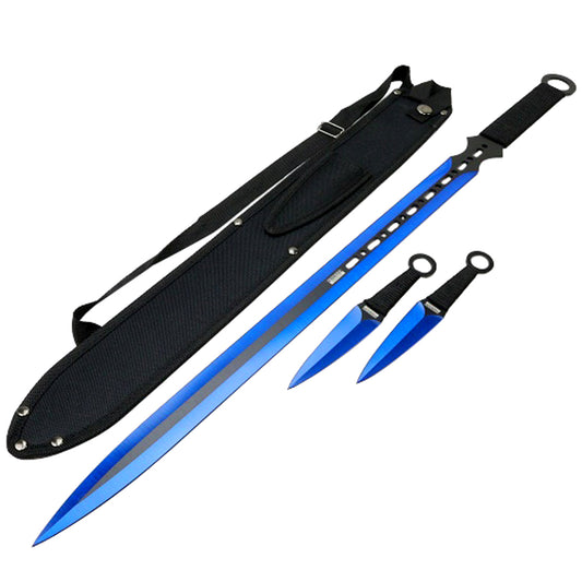 27'' Ninja Sword Machetes Full Tang 2 Tone Blade With 2 Throwing Knives 7" Blue