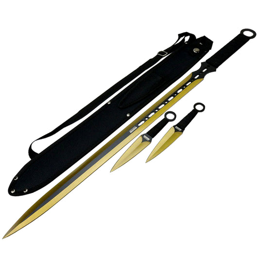27'' Ninja Sword Machetes Full Tang 2 Tone Blade With 2 Throwing Knives 7" Gold