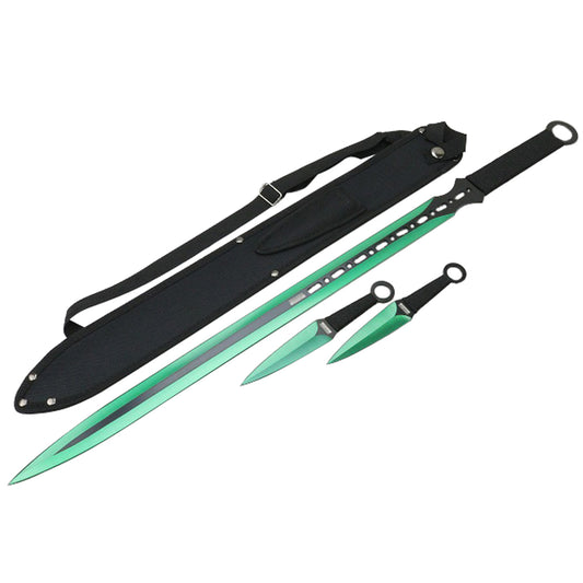 27'' Ninja Sword Machetes Full Tang 2 Tone Blade With 2 Throwing Knives 7" Green