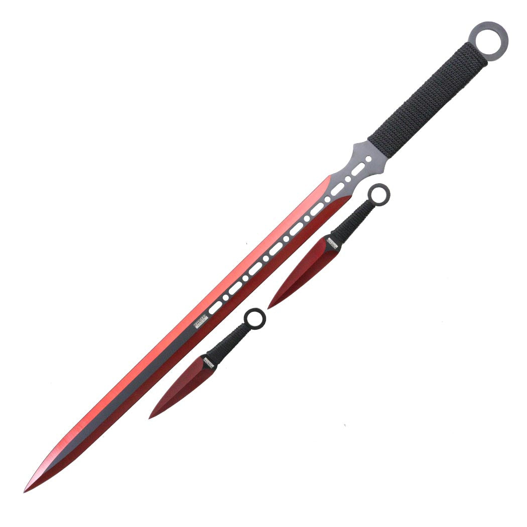 27'' Ninja Sword Machetes Full Tang 2 Tone Blade With 2 Throwing Knives 7" Red