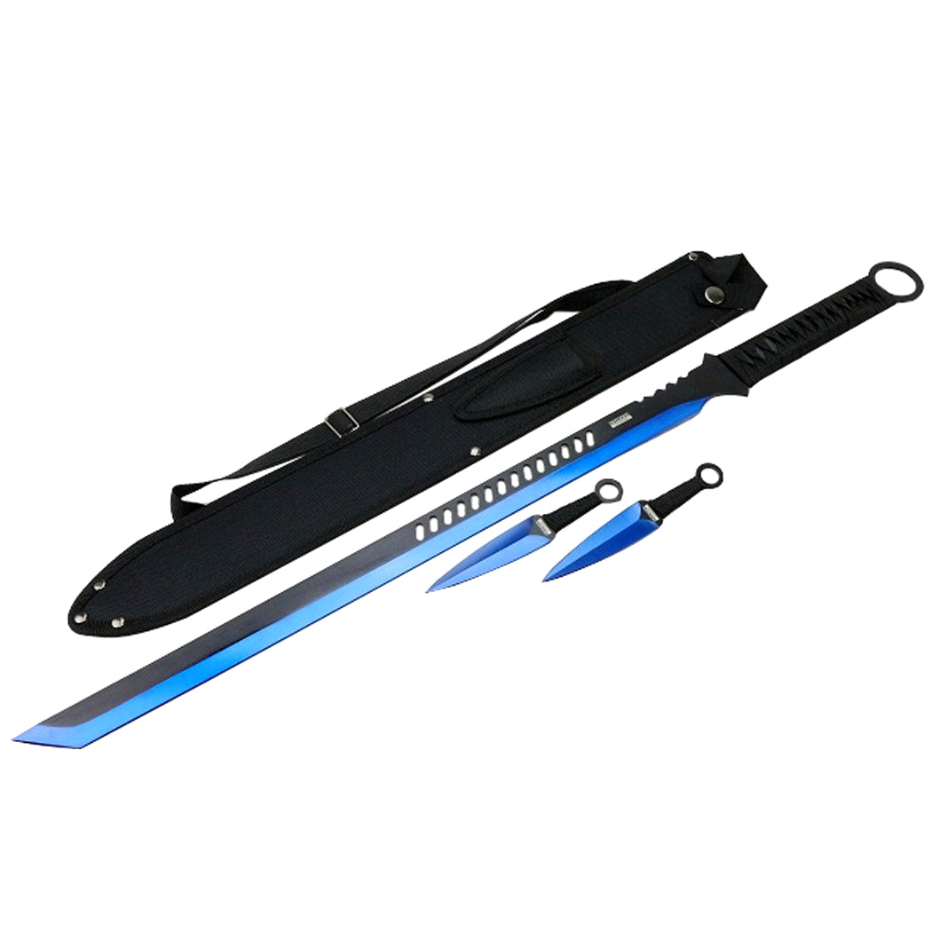 27'' Ninja Sword Tanto Full Tang 2 Tone Blade With 2 Throwing Knives Blue