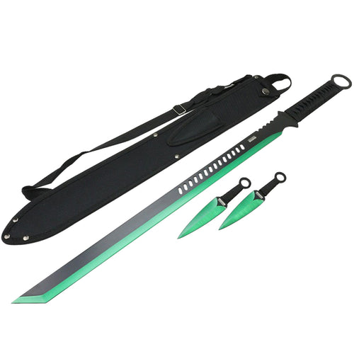 27'' Ninja Sword Tanto Full Tang 2 Tone Blade With 2 Throwing Knives  Green