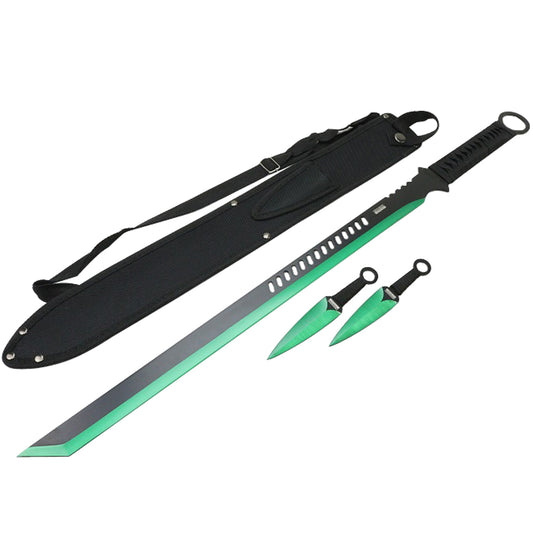 27'' Ninja Sword Tanto Full Tang 2 Tone Blade With 2 Throwing Knives  Green