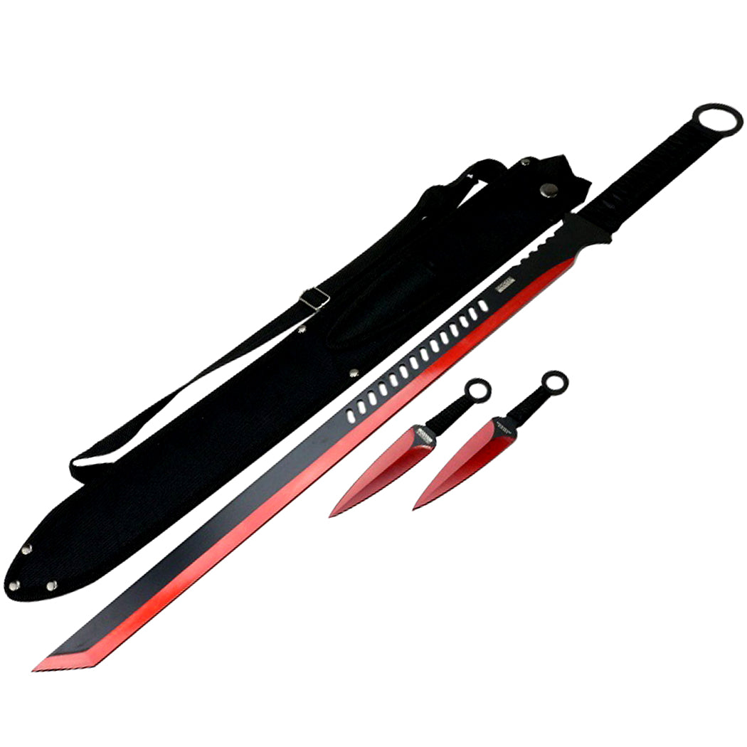 27'' Ninja Sword Tanto Full Tang 2 Tone Blade With 2 Throwing Knives Red