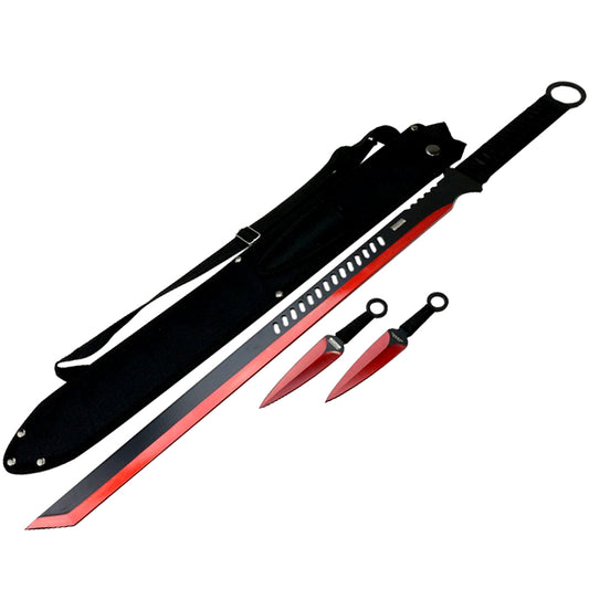 27'' Ninja Sword Tanto Full Tang 2 Tone Blade With 2 Throwing Knives Red
