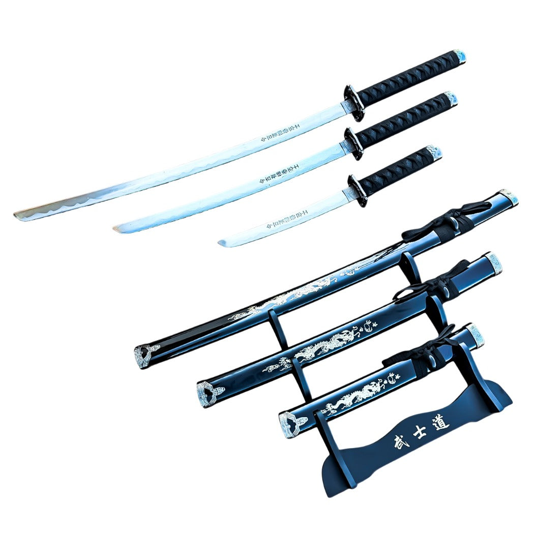 3Pc Black Dragon Design Japanese Samurai Katana Sword Set Ninja Style with Display Stand