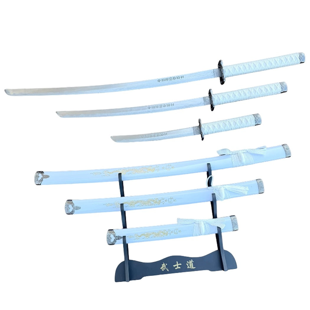 3Pc White Dragon Design Japanese Samurai Katana Sword Set Ninja Style with Display Stand
