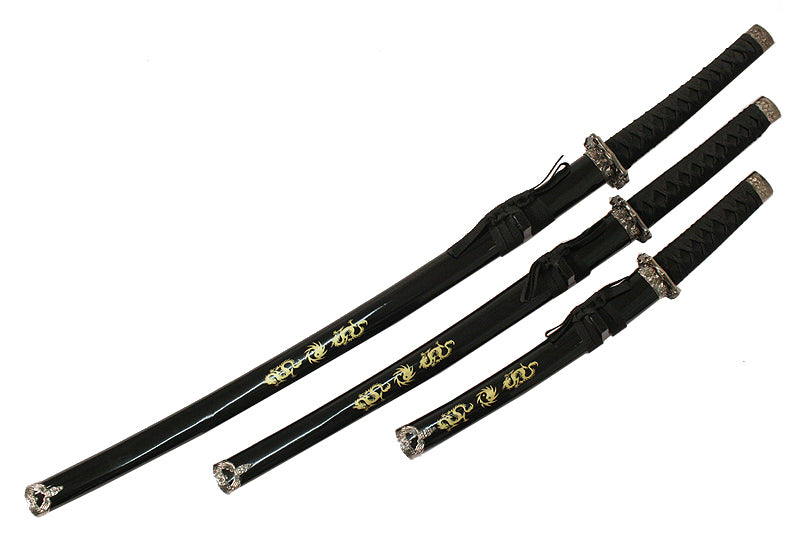 3 PC New Katana Ying Yang Japanese Samurai Sword Set with Stand Color Black